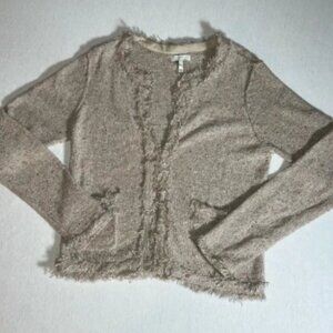 Joie Tweed Knit Fringe Cotton Blend Cardigan in Beige Confetti Size Medium